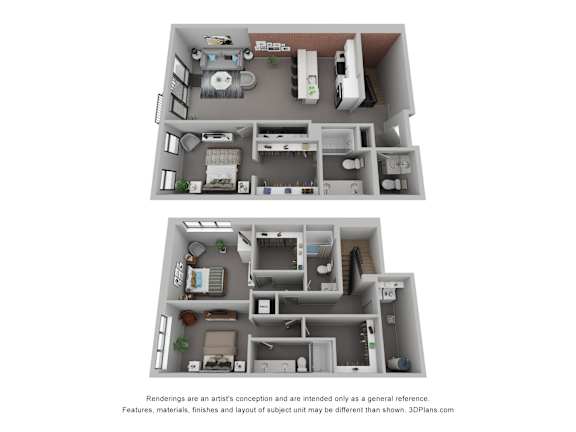 A 3D floor plan of a two-bedroom apartment with a living room, kitchen, and bathroom.