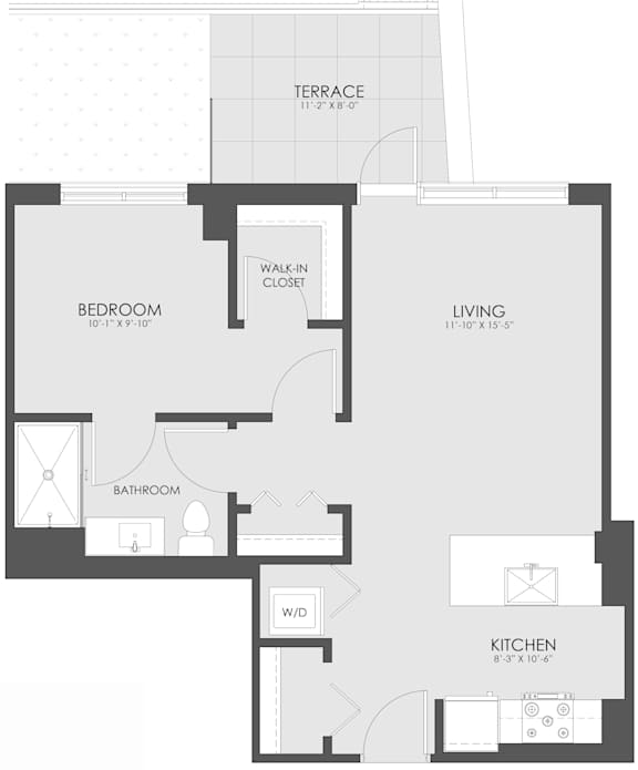A floor plan of a house with a terrace, bedroom, bathroom, living room, kitchen, and a walk-in closet.