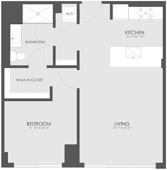 A floor plan of a small apartment with a kitchen, living room, and bathroom.