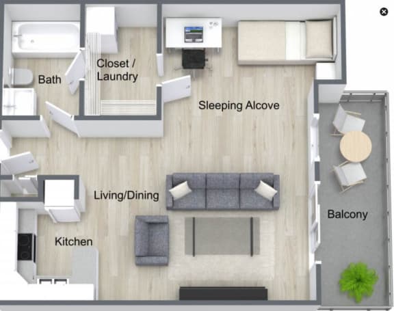 Studio 1 bath floor plan at Fieldpointe of Schaumburg, Illinois