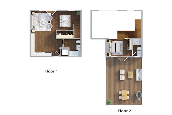 A floor plan of a two-story apartment with labeled Floor 1 and Floor 2.