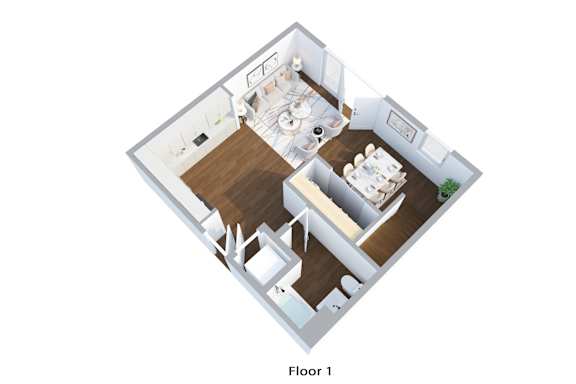 A top down view of a house layout with a kitchen, living room, and two bedrooms.