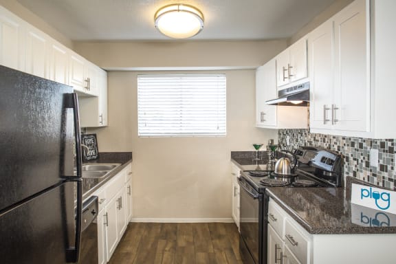 Fifteen 50 Apartments Las Vegas, NV - 2 Bedroom 1 Bathroom Apartment - Kitchen with Stove, Cabinets, and Sink