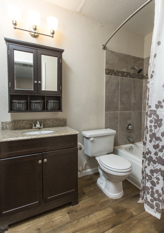 Fifteen 50 Apartments Las Vegas, NV - 2 Bedroom 1 Bathroom Apartment - Bathroom with Tub Shower, Sink, and Toilet