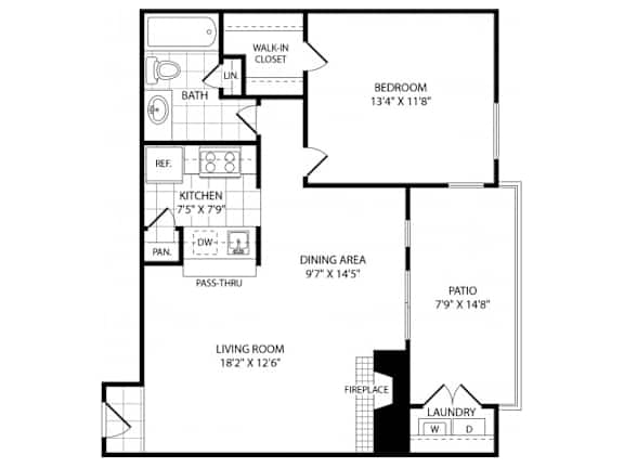 A floor plan of a house with a living room, dining area, kitchen, and bathroom.