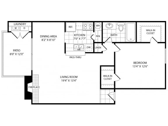 A floor plan of a house with a living room, dining area, kitchen, bathroom, and laundry room.