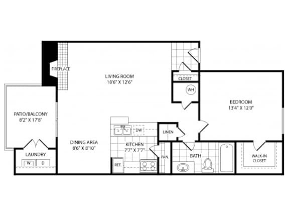 A floor plan of a house with a living room, dining area, kitchen, bathroom, and laundry space.