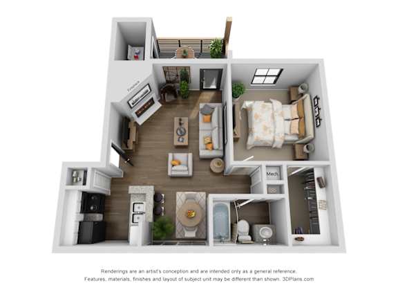 A 3D floor plan of a small apartment with a kitchen, living room, and bathroom.