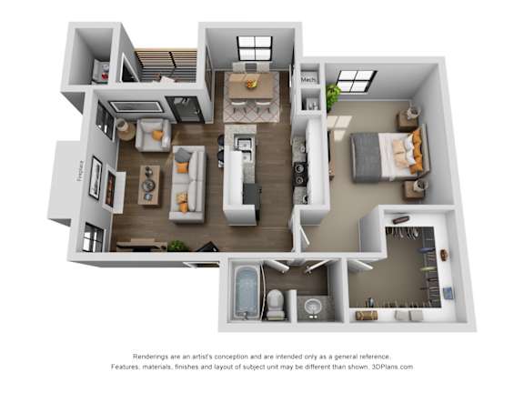A 3D floor plan of a house with a kitchen, living room, and bedrooms.