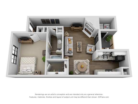 A 3D floor plan of a house with a kitchen, living room, and bedrooms.