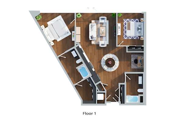 A top down view of a floor plan of a house.