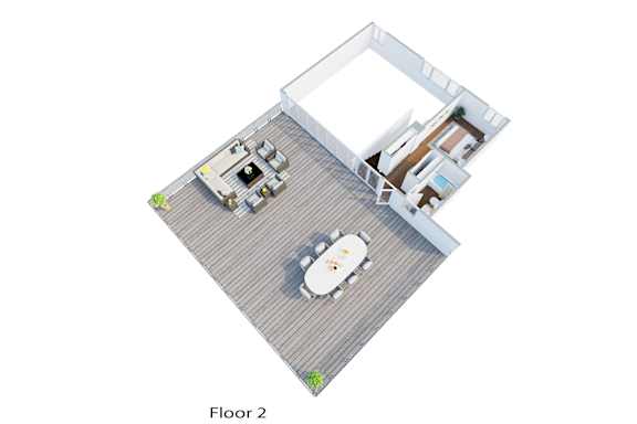 A top down view of a house with a kitchen, dining area and living room.