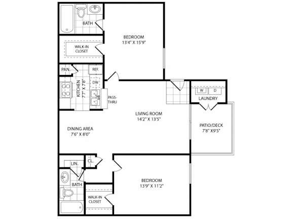A floor plan of a house with a living room, dining area, kitchen, and two bedrooms.
