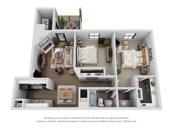 A 3D floor plan of a house with a kitchen, living room, and bedrooms.