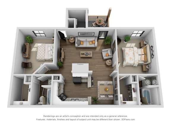 A 3D floor plan of a house with multiple rooms and furniture.