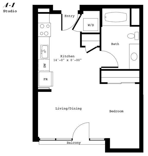 A floor plan of a studio apartment with a kitchen, living/dining area, bedroom, bathroom, and balcony.