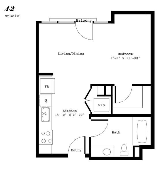 A floor plan of a studio apartment with a living/dining area, kitchen, bath, and bedroom.