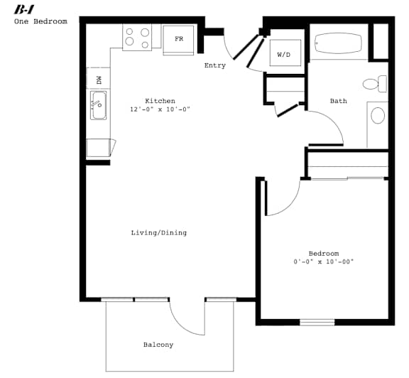 A floor plan of a one bedroom apartment with a balcony.