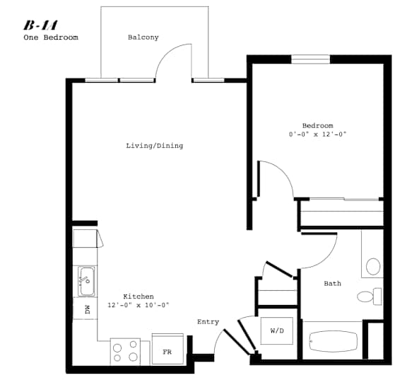 A black and white image of a floor plan for a B-1A one bedroom apartment.