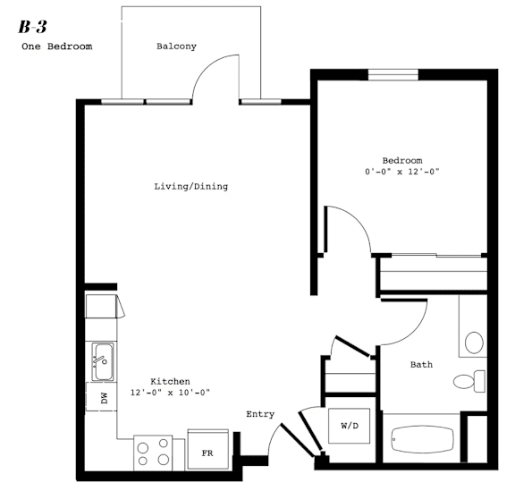 A black and white image of a floor plan for a one bedroom apartment.