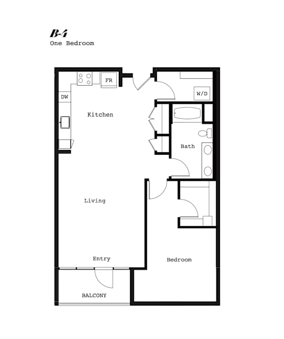 A black and white image of a floor plan for a one bedroom apartment.