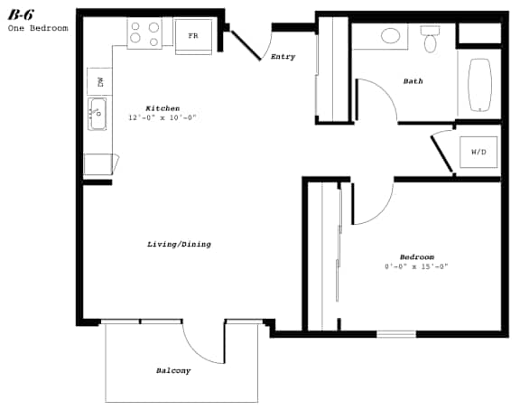 A black and white image of a floor plan for a B-6 one bedroom apartment.