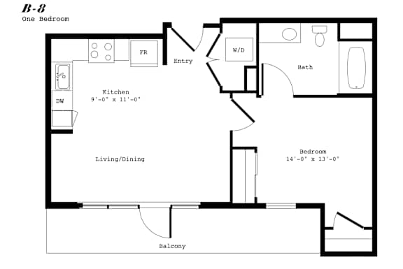 A black and white image of a floor plan for a one bedroom apartment.
