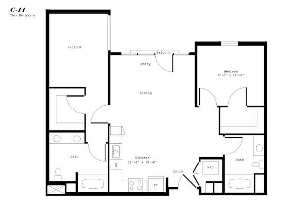 A black and white image of a C-11 two bedroom apartment layout.
