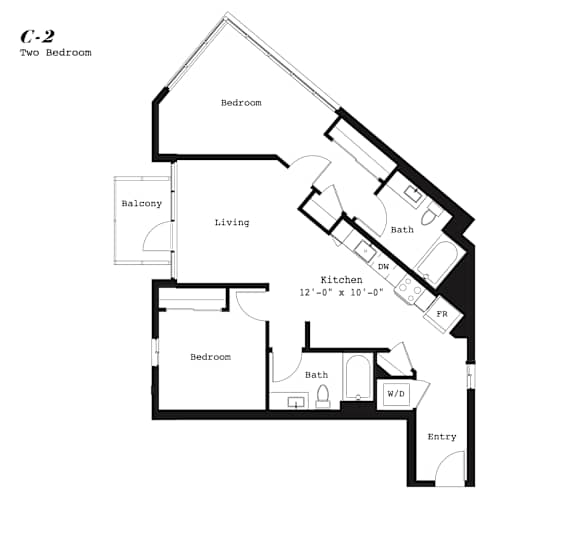 A black and white image of a C-2 two bedroom apartment layout.