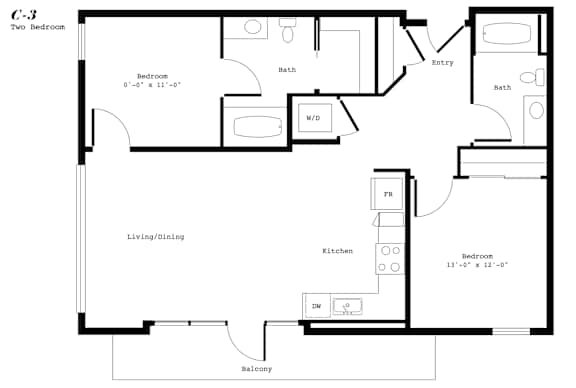 A black and white image of a C-3 two bedroom apartment layout.