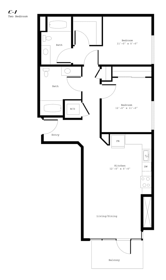 A black and white floor plan of a two bedroom apartment.