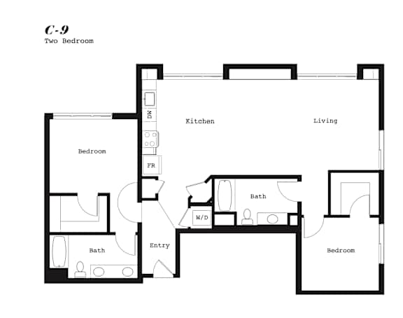 A black and white image of a two bedroom apartment layout.
