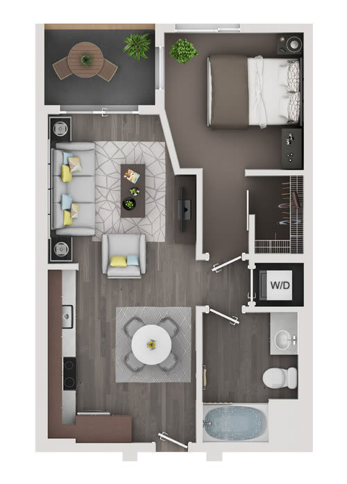A top-down view of a modern apartment layout with a kitchen, living room, and bathroom.