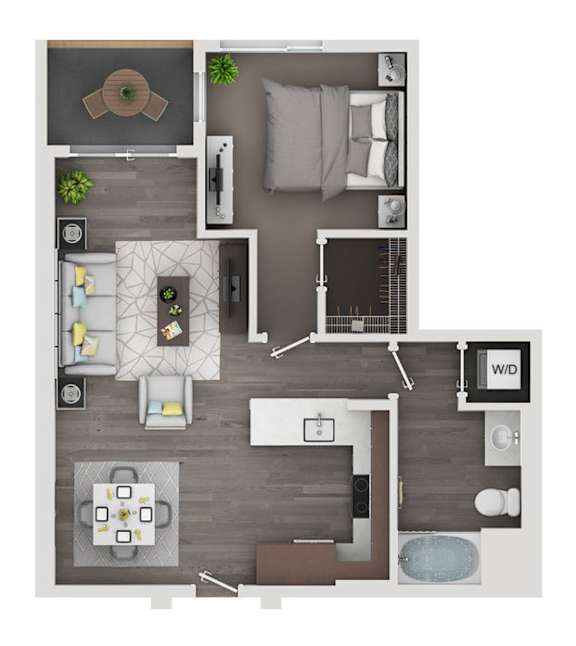 A top-down view of a modern apartment layout with a living room, dining area, kitchen, and bedroom.