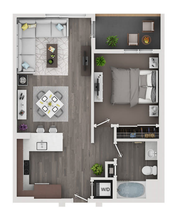 A top-down view of a modern apartment layout with a kitchen, living room, and bathroom.