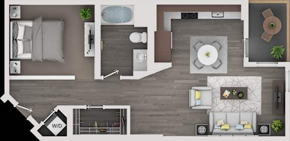 A top-down view of a well-organized apartment with a kitchen, living room, and bathroom.