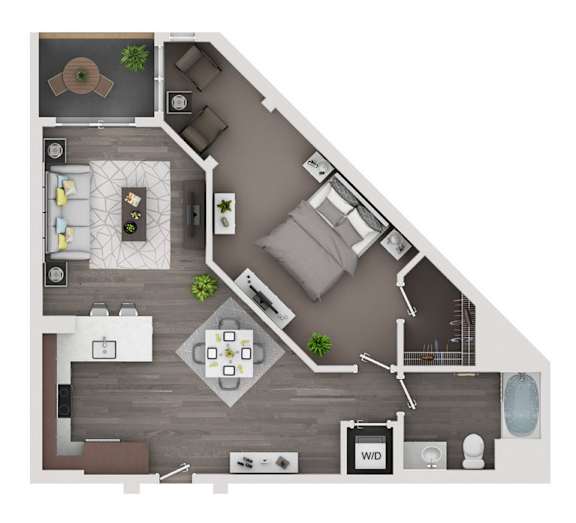 A top-down view of a living room with a dining area and kitchen.