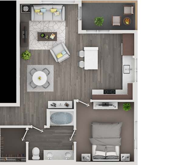 A top-down view of a modern living room with a grey sofa, a white coffee table, and a grey rug.