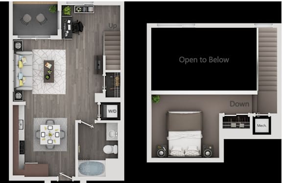 A floor plan of a two-bedroom apartment with a living room, kitchen, and bathroom.