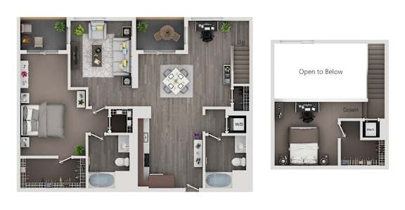 A floor plan of a house with a kitchen, living room, dining room, and bathrooms.