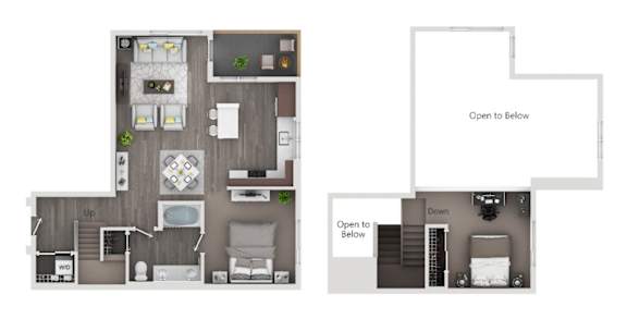 A floor plan of a two-story apartment with a living room, kitchen, and bedrooms.