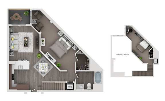 A floor plan of a house with a kitchen, living room, dining room, and bathrooms.