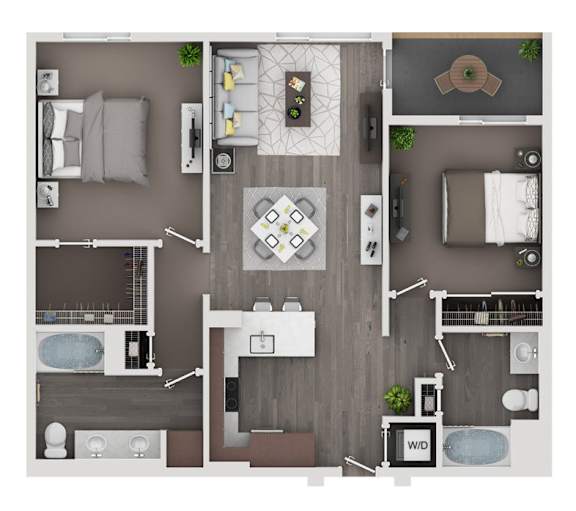 A top-down view of a modern, well-organized apartment with a kitchen, living room, and bathroom.