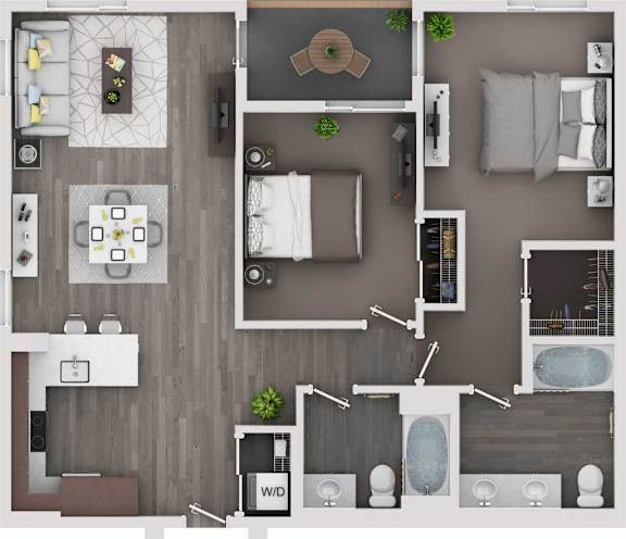 A top-down view of a modern apartment layout with a kitchen, living room, and bathrooms.
