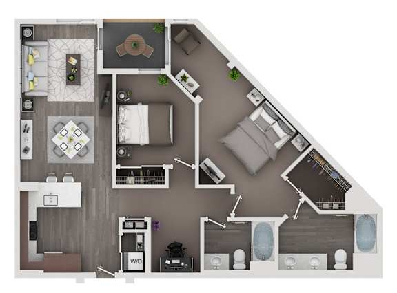 A top-down view of a house layout with a living room, kitchen, dining area, and bathrooms.
