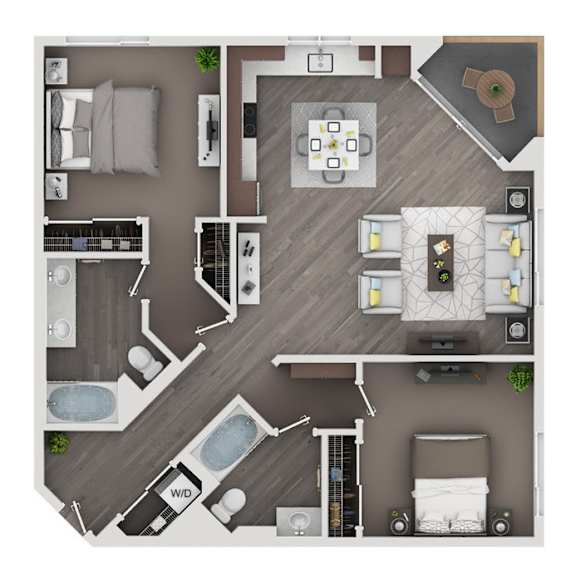 A top-down view of a well-furnished apartment with a kitchen, living room, and bedroom.