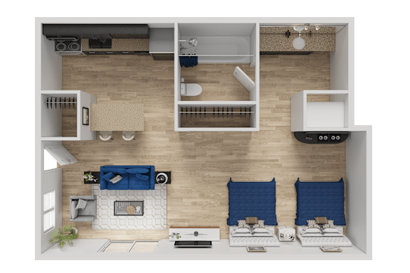A top-down view of a living room with a fireplace, two chairs, and a dining table.