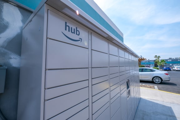 Grey amazon hub lockers at Fifteen Fifty apartments in Las Vegas,