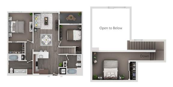 A floor plan of a two-story apartment with a living room, kitchen, and bedrooms.