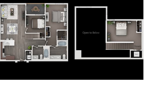 A floor plan of a two-story apartment with a living room, kitchen, and bedrooms.
